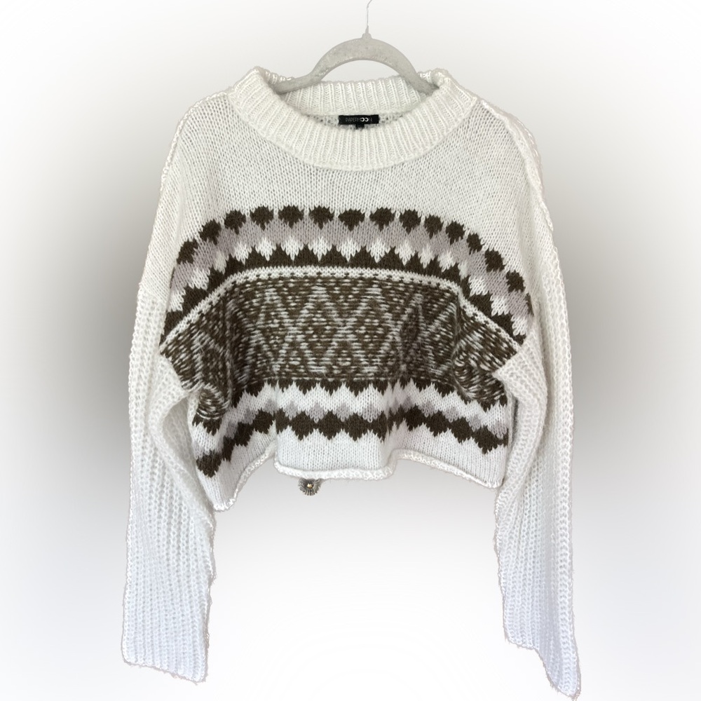 Papermoon Fair Isle Cream & Brown Chunky Cropped Knit Sweater Womens’s Medium